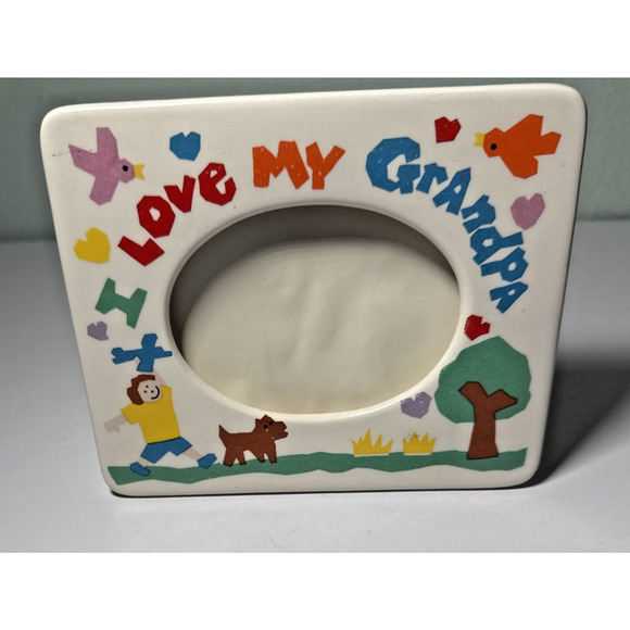 Vintage I Love My Grandpa Ceramic Picture Frame Russ 6" W x 5" H plane/dog - Picture 1 of 3
